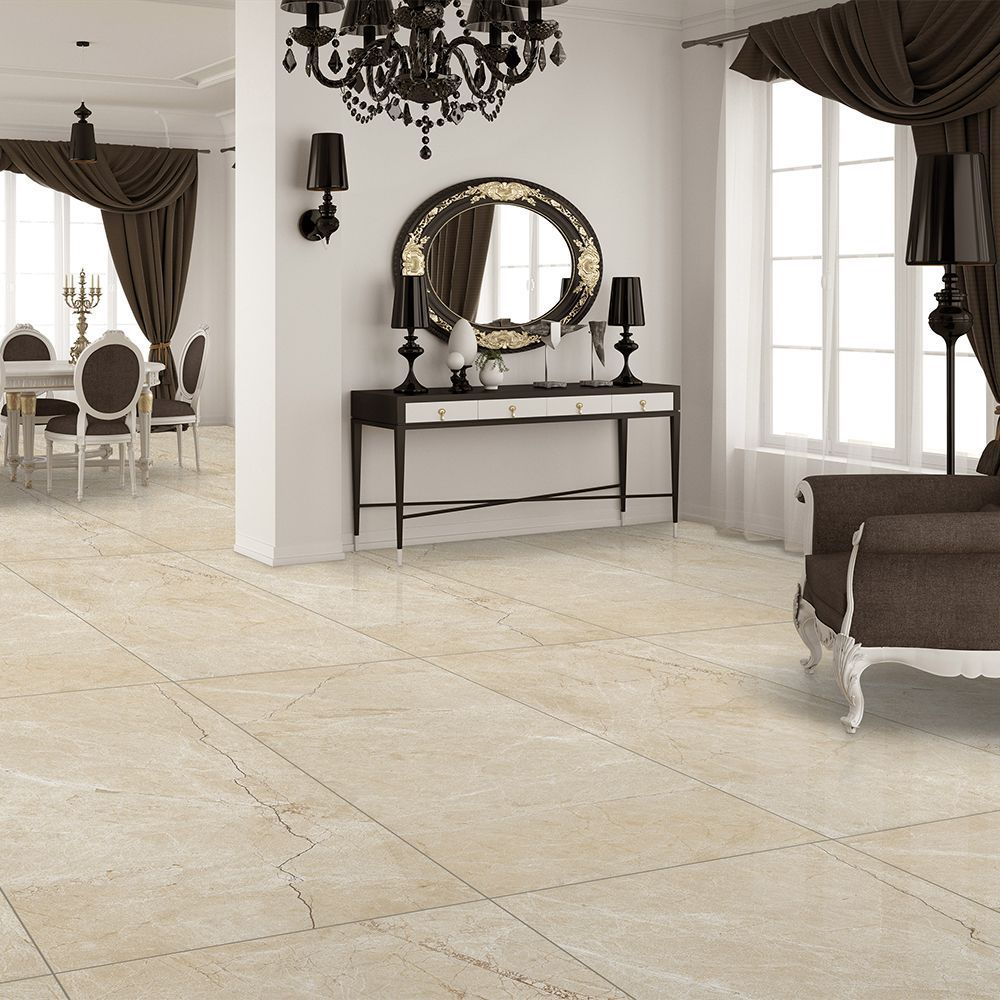 Modern kitchen with large porcelain floor and wall tiles UK