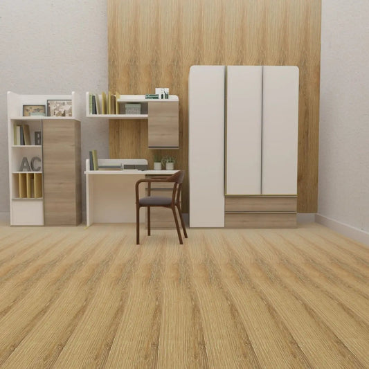 Porcelain wood effect tiles flooring with natural oak-style grain in a modern living room