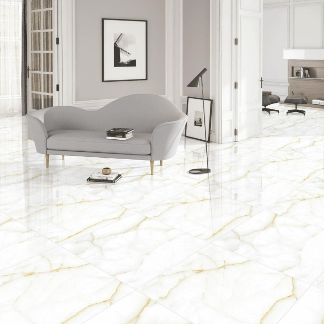 Glossy wall tile used as floor tile in a low-traffic bathroom setting