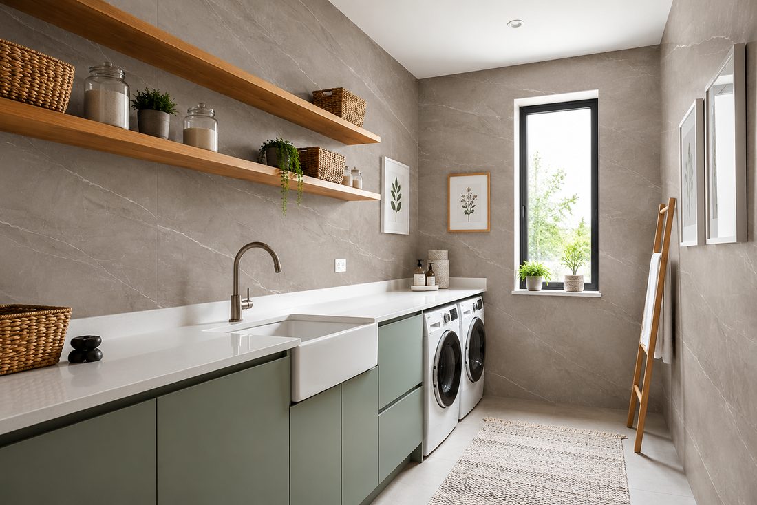 A bright, modern laundry room with warm taupe-gray marble-look wall tiles featuring subtle white veining and a natural stone texture.
