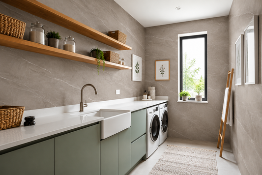 A bright, modern laundry room with warm taupe-gray marble-look wall tiles featuring subtle white veining and a natural stone texture.