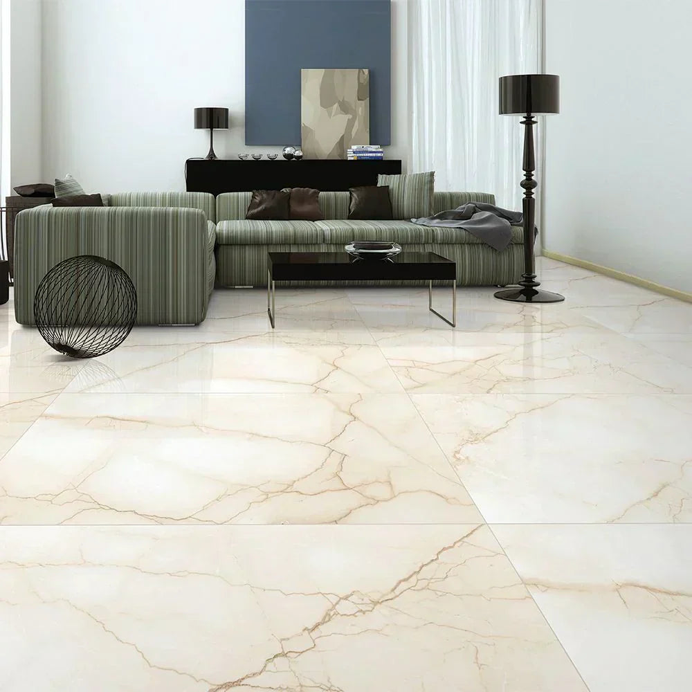 Beige matt porcelain marble effect tiles in a modern bathroom — Icon Tiles UK