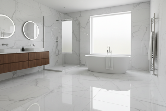 Modern bathroom featuring large format grey porcelain tiles