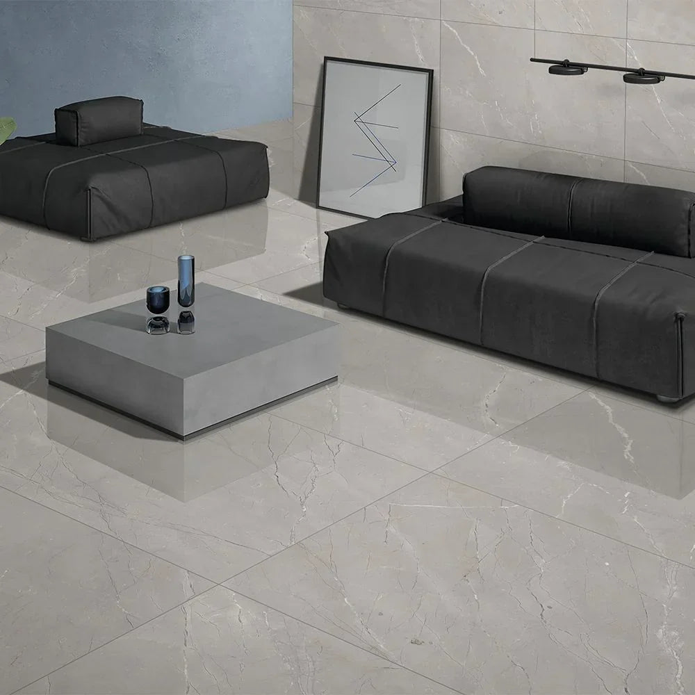 Grey porcelain floor tiles in a modern living room