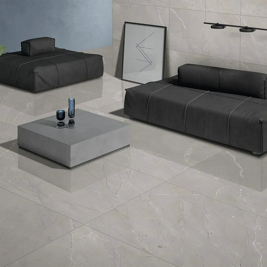 Grey porcelain floor tiles in a modern living room