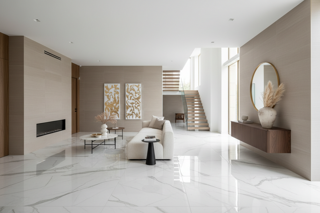 Modern interior with large-format marble-effect porcelain floor tiles and elegant wall tiles by Icon Tiles