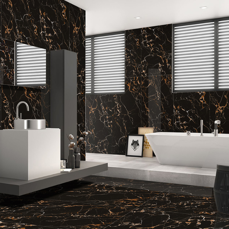 Large-format porcelain bathroom floor tile 600x1200mm in black, sleek modern design for UK bathrooms