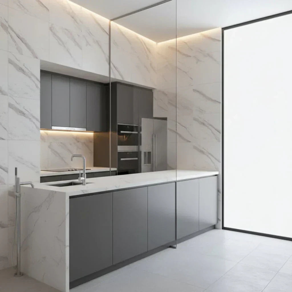Best kitchen tiles UK 2026 — glossy ceramic splashback in a modern British kitchen
