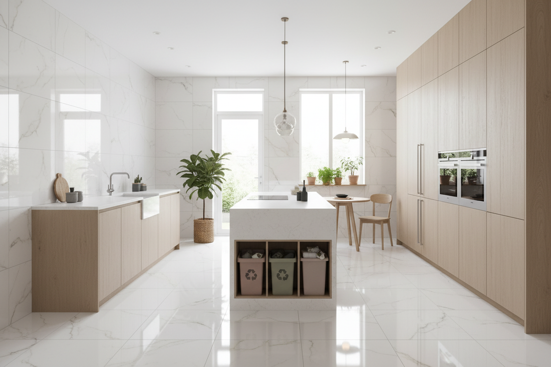 Eco-friendly white marble-effect porcelain floor tiles and glossy white kitchen wall tiles in a modern UK kitchen