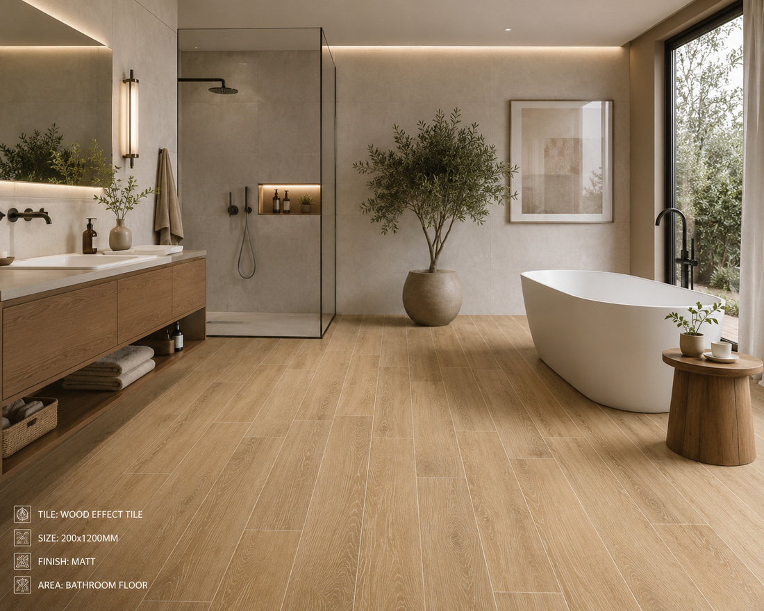 Wood effect porcelain tiles on a modern bathroom floor UK