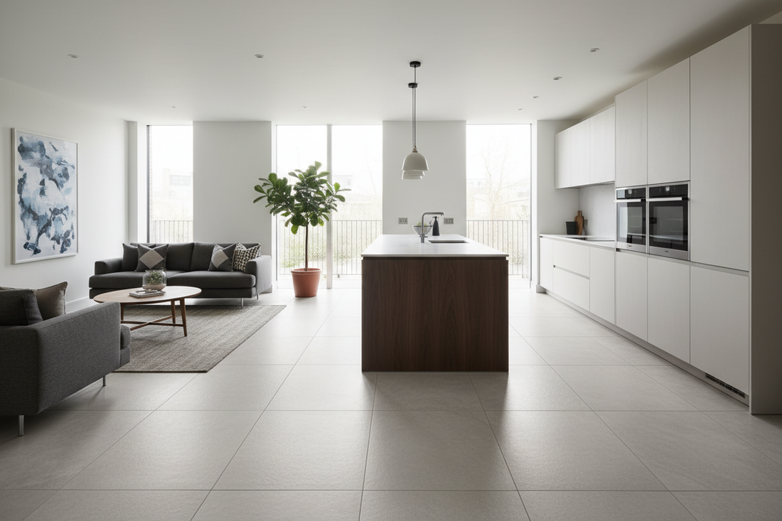 Large format light grey stone-effect porcelain floor tiles in a modern open-plan kitchen living room with minimal grout lines
