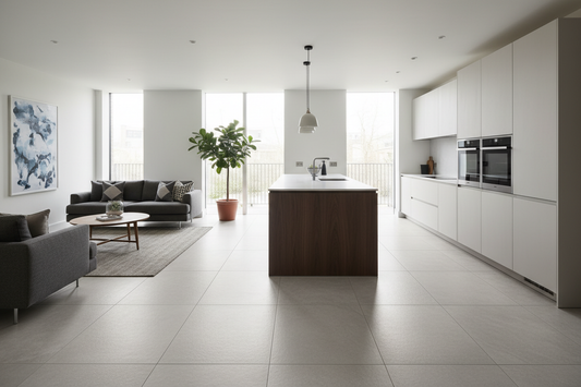 Large format light grey stone-effect porcelain floor tiles in a modern open-plan kitchen living room with minimal grout lines