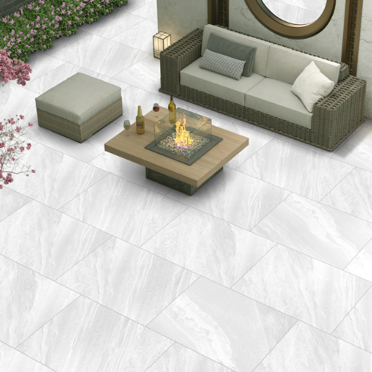 Low maintenance outdoor porcelain tiles on a modern UK garden patio