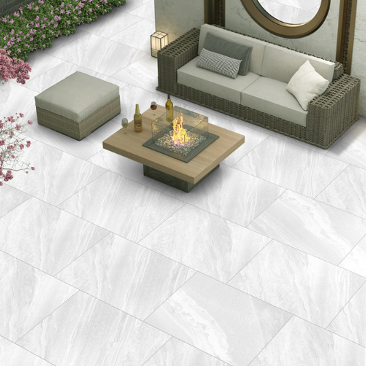 Low maintenance outdoor porcelain tiles on a modern UK garden patio