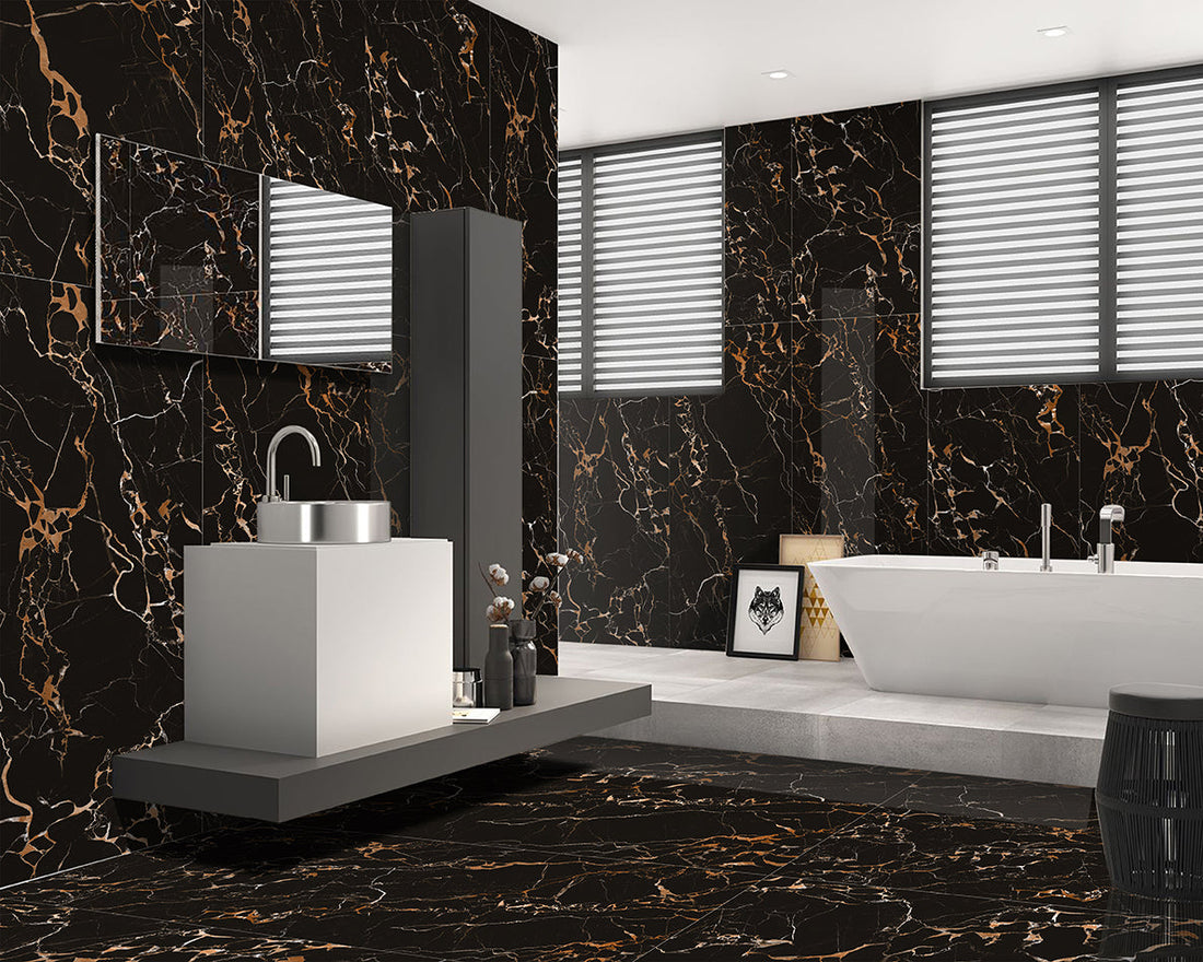Marble effect porcelain tiles used in a modern luxury bathroom design