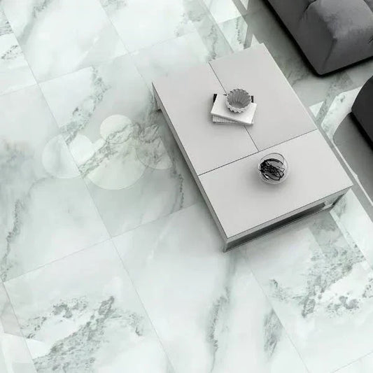Marble effect porcelain floor tiles in a modern UK living room