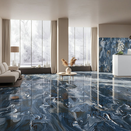 Large blue bathroom wall tiles in a modern bathroom