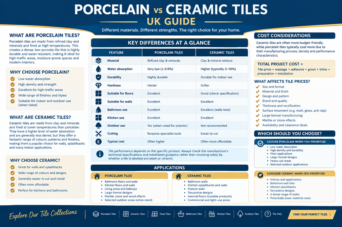Porcelain vs ceramic tiles UK comparison guide showing technical differences, applications and costs