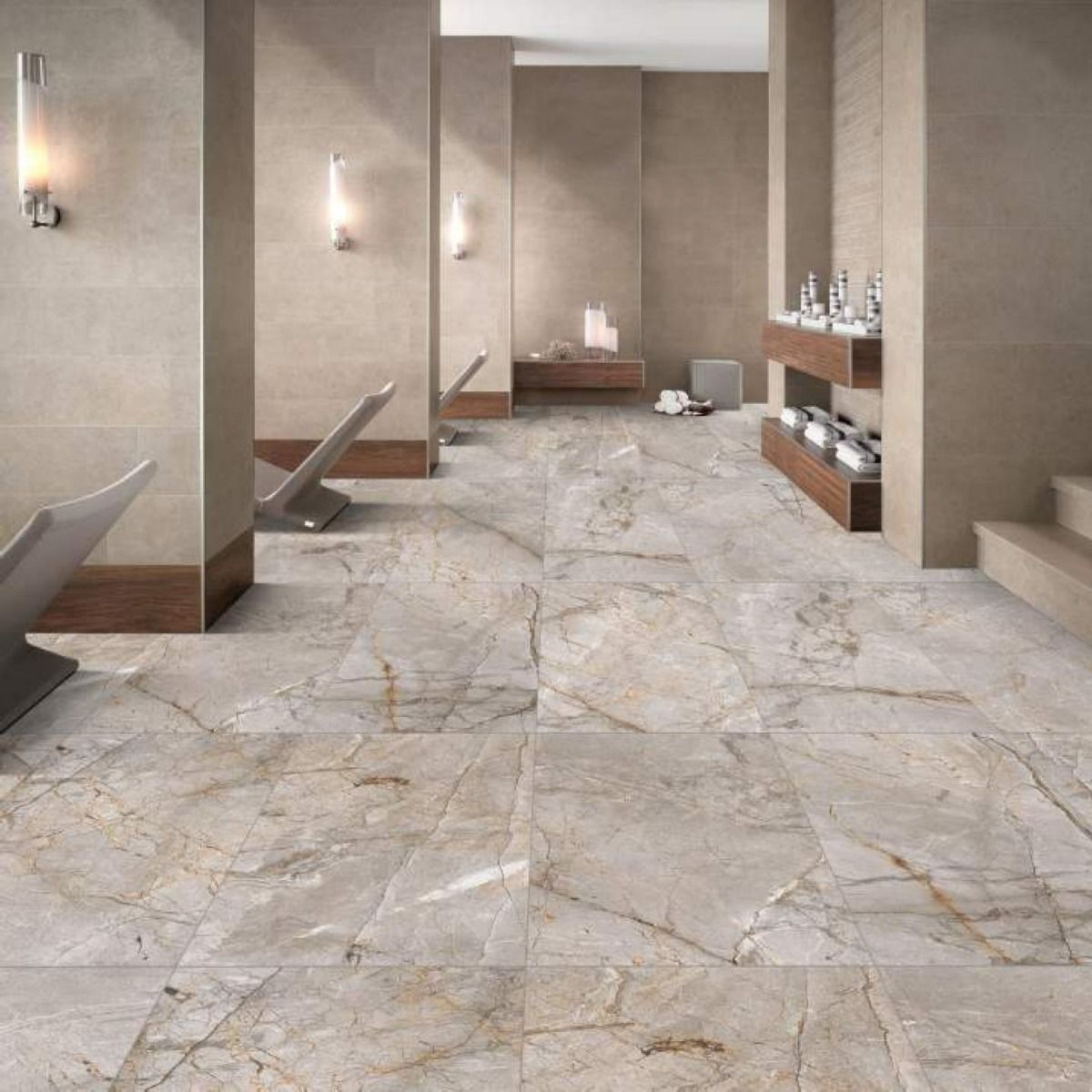 Bathroom with marble-like flooring and modern fixtures.