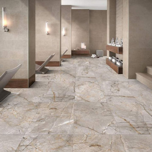 Bathroom with marble-like flooring and modern fixtures.