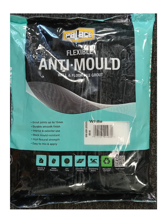 Package of flexible anti-mould wall and floor tile grout with visible brand name.