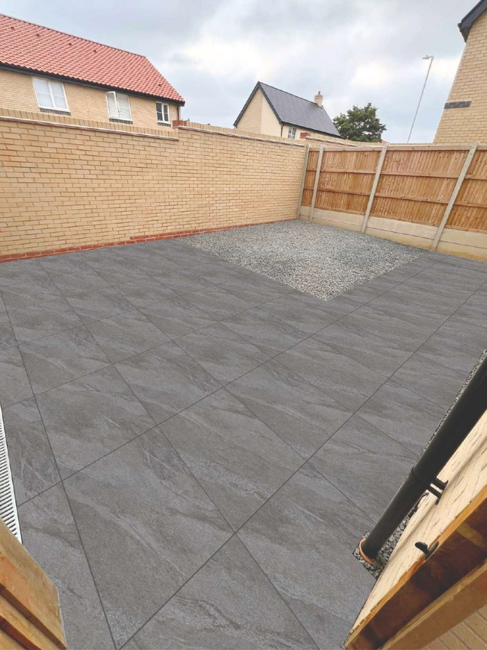 County Gris outdoor porcelain tile 600x900x20mm installed on patio