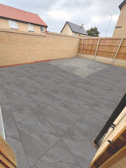 County Gris outdoor porcelain tile 600x900x20mm installed on patio