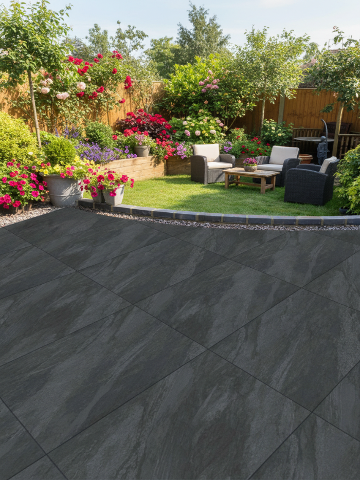 Dark gray tiles on a patio with a garden in the background