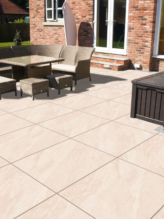 County Crema porcelain outdoor tile 600x900mm patio installation