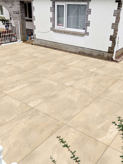 Earthcore Beige Porcelain Outdoor Matt Tile 600x900x20mm installed on patio