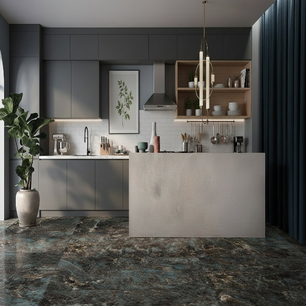 Modern interior with a gray wall, marble floor, and decorative elements.
