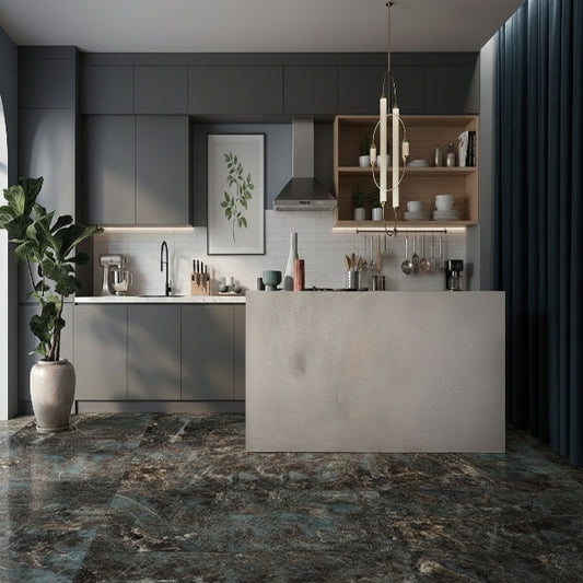 Modern interior with a gray wall, marble floor, and decorative elements.