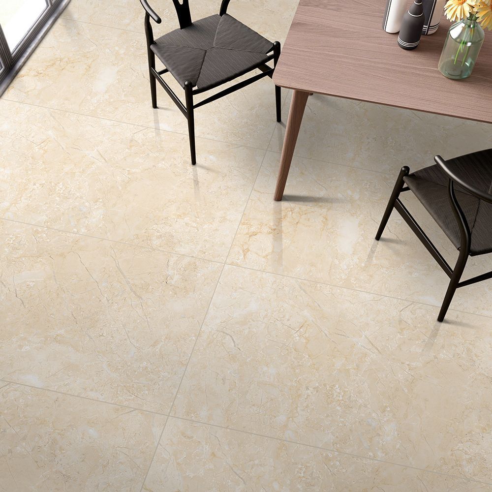 Beige tiles with a dining table and chairs in the background