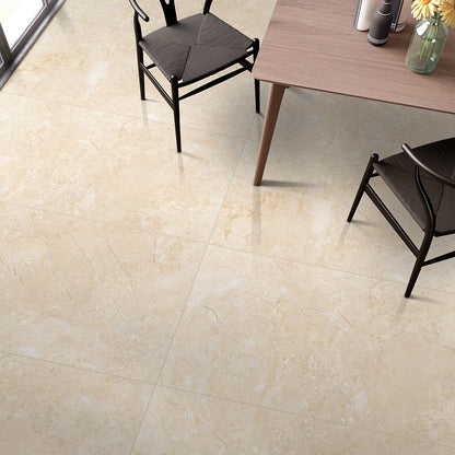 Beige tiles with a dining table and chairs in the background