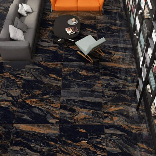 Living room with a marble-patterned rug, gray sofa, and orange couch.