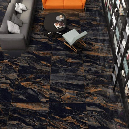 Living room with a marble-patterned rug, gray sofa, and orange couch.