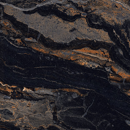 Close-up of a dark, textured stone surface with brown and black colors.