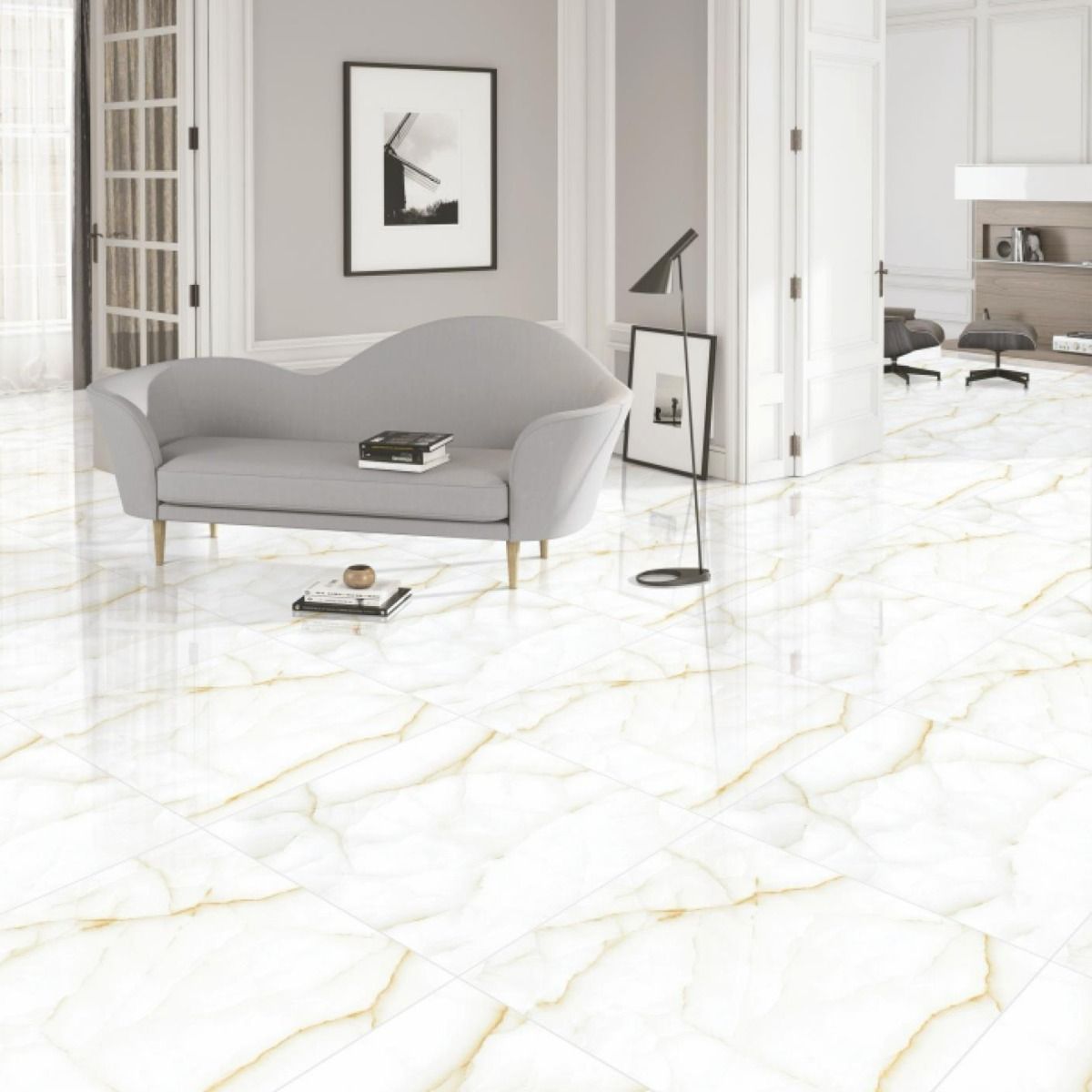 Majestic Onyx Glossy 600x600 GVT Floor Tile in modern living room