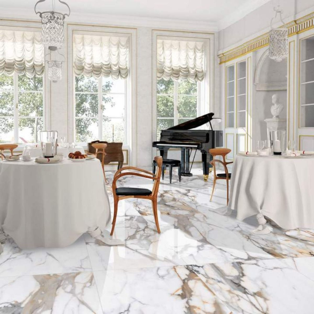 Elegant room with a grand piano, round tables, and chairs in a well-lit room.