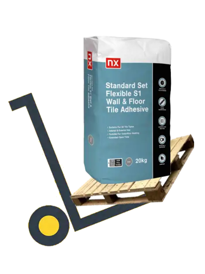 NX S1 Standard Set Flexible Adhesive pallet deal 54 bags stacked for bulk tiling projects