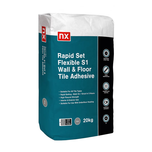 NX S1 Rapid Set Flexible Grey Wall & Floor Tile Adhesive 20kg bag