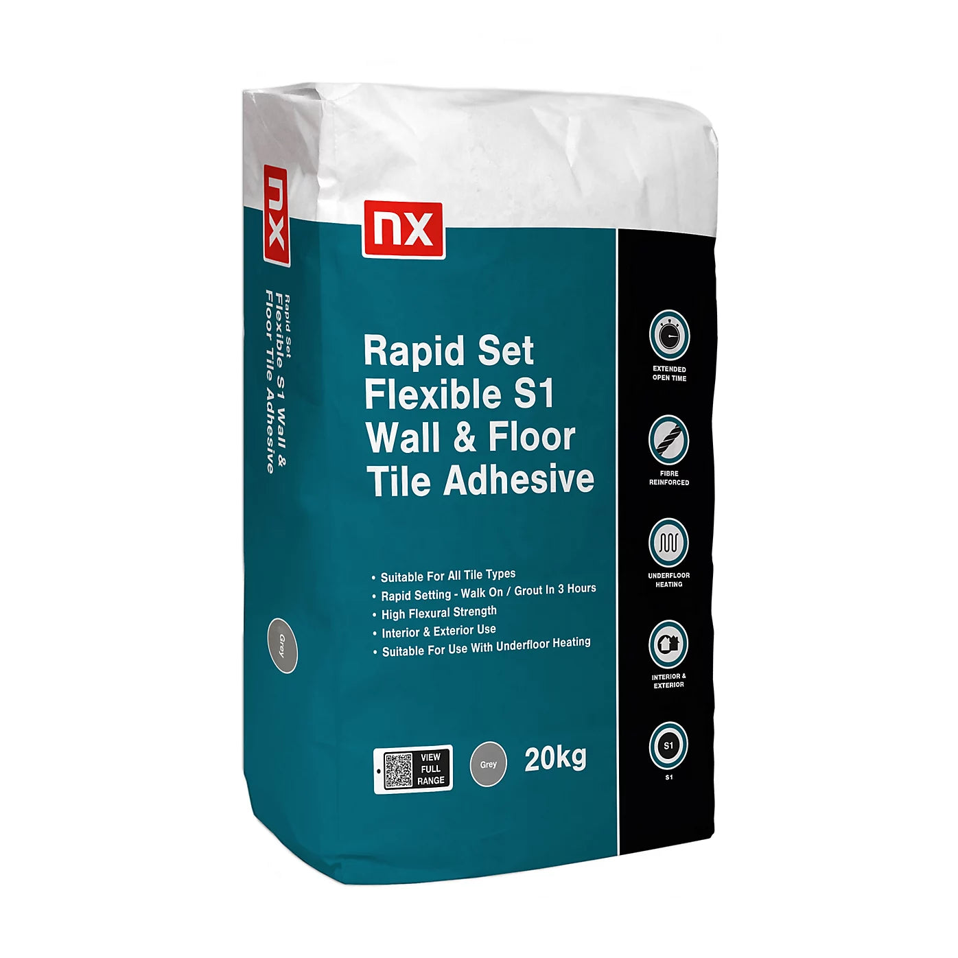 NX S1 Rapid Set Flexible Grey Wall & Floor Tile Adhesive 20kg bag