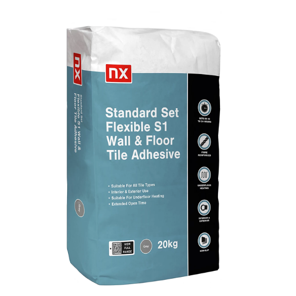 Close-up of NX S1 Standard Set Flexible Adhesive 20kg bag showing label and product details