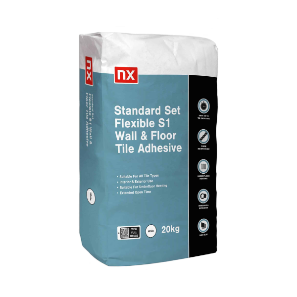 NX S1 Standard Set Flexible White Wall & Floor Tile Adhesive 20kg bag – high-strength cement-based tile adhesive for walls and floors