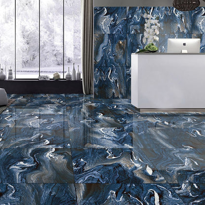 Modern office interior with a blue and gray marble-patterned floor.