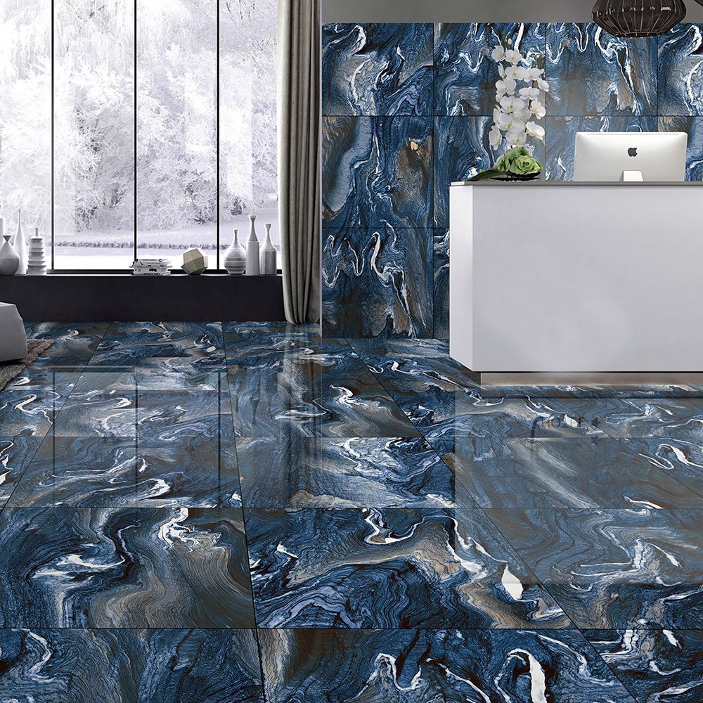 Modern office interior with a blue and gray marble-patterned floor.