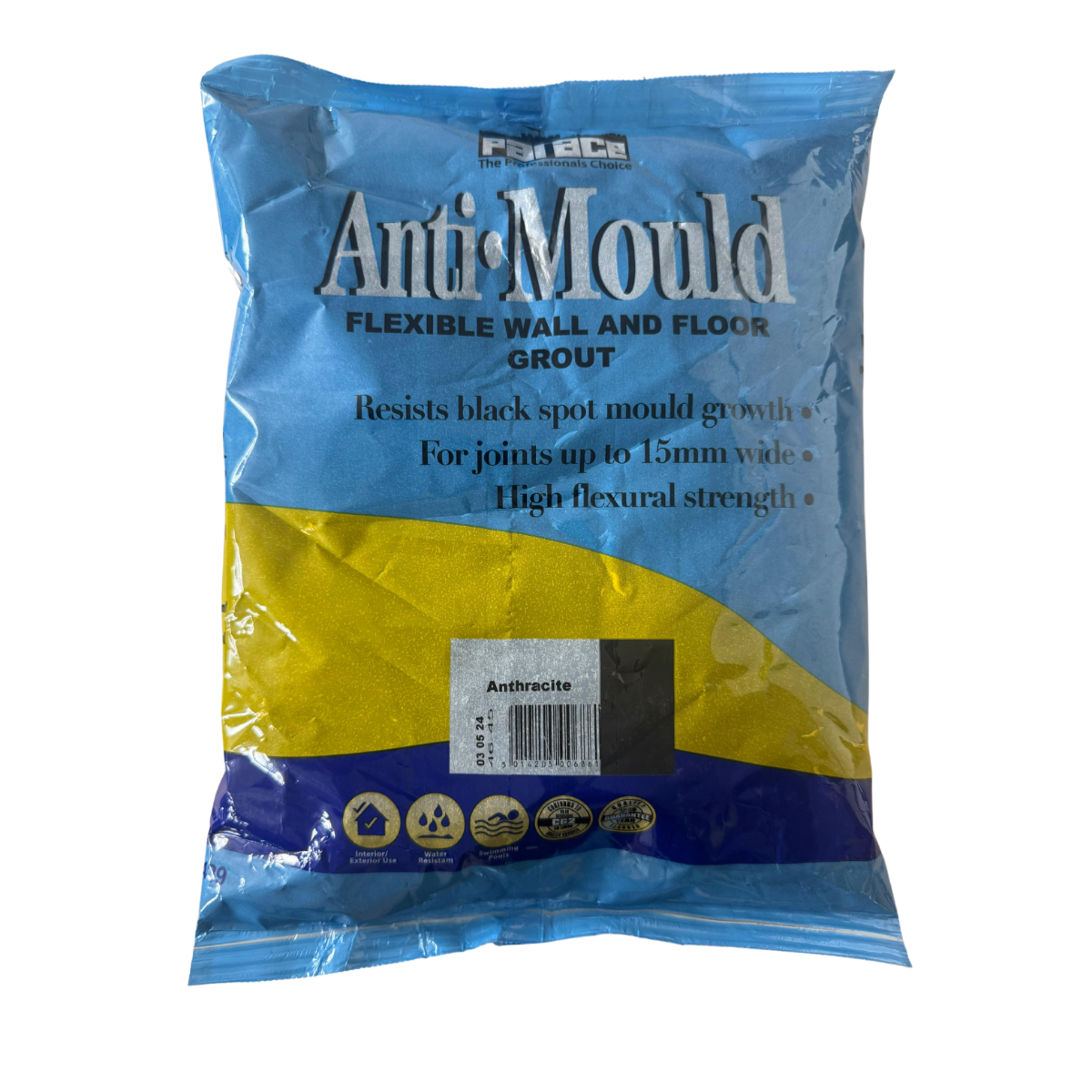 Packaged anti-mould flexible wall and floor grout with blue and yellow design on a white background