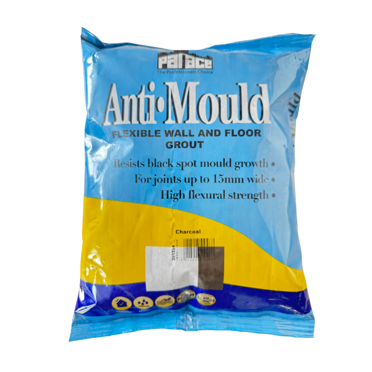 Packaged anti-mould flexible wall and floor grout with blue and yellow design on a white background