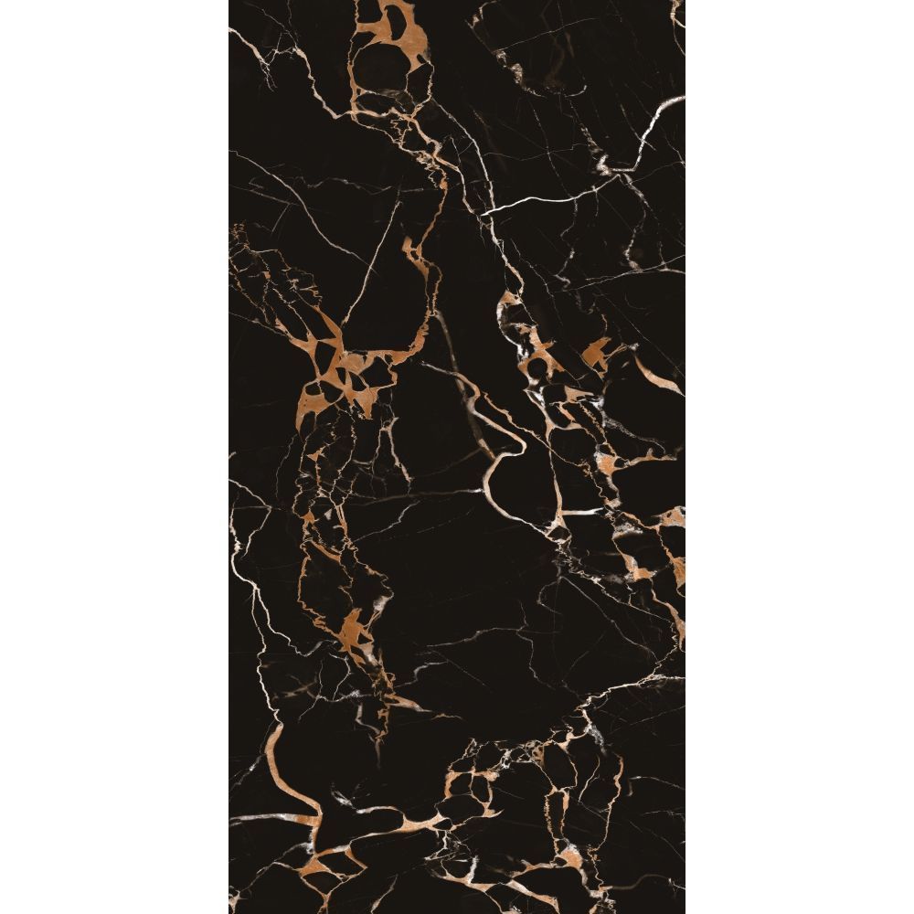 Large format Black Potro polished porcelain tile with white marble veining