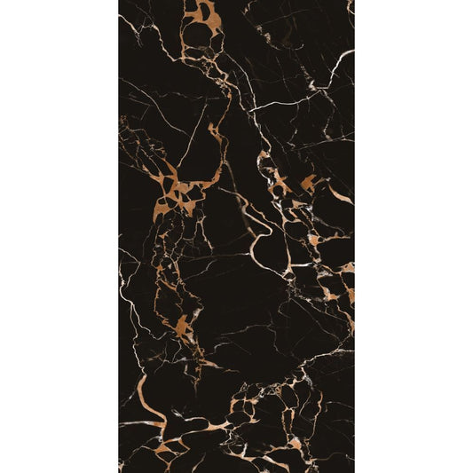 Large format Black Potro polished porcelain tile with white marble veining